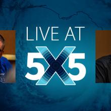 Episode 93: Live at 5x5: Navigating a Hurricane Four panelists — Pokey Harris, Josh Briggs, Tom Rogers, and Renee Gordon — seated and speaking with microphones in front of them “Live at 5x5” with a blue abstract background.