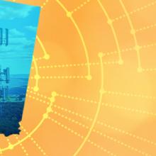 The silhouette of the State of Indiana revealing a cell tower inside; radiating connectivity illustration The silhouette of the State of Indiana revealing a cell tower inside; radiating connectivity illustration