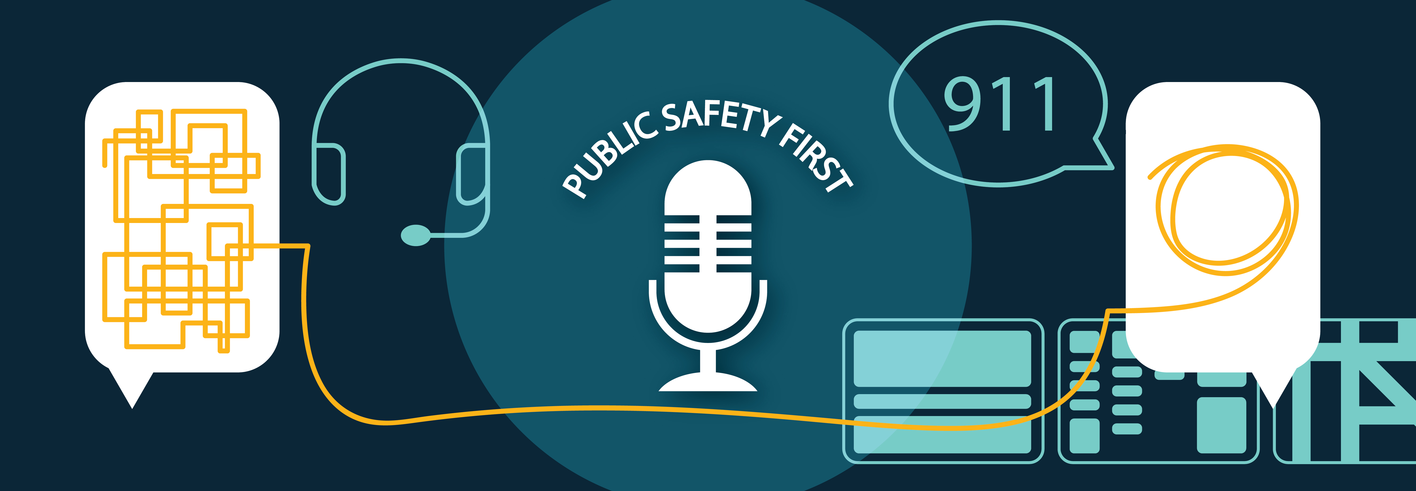 A speech bubble with a tangled line connects to a speech bubble with an organized line. 911 symbols. Public Safety First Podcast logo.