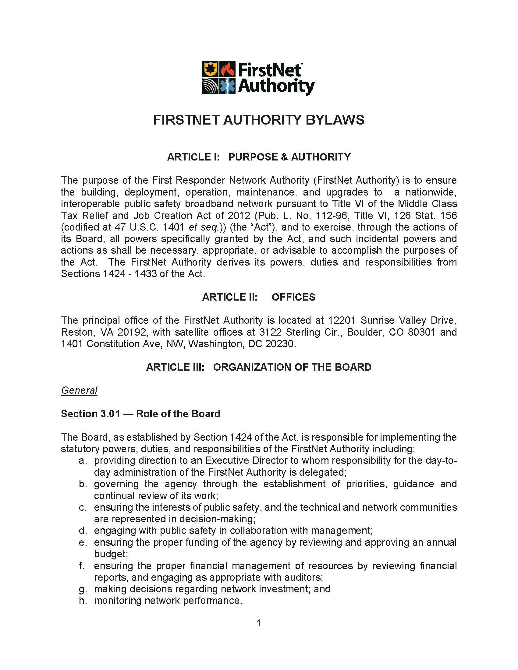 A sample page from the FirstNet Authority Bylaws PDF.
