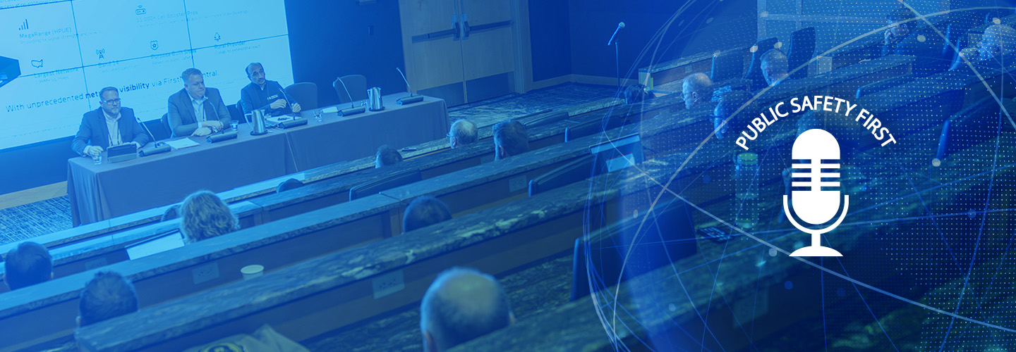 Panelists from the 2025 5x5 in front of an audience presenting on satellite to device technologies, Public Safety First podcast logo 