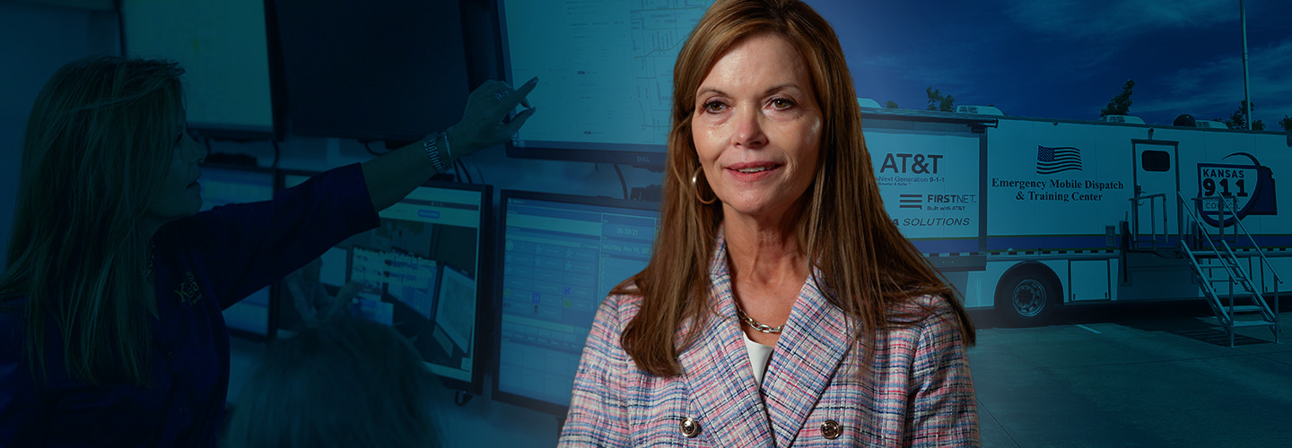 Michele Abbott speaking during an interview overlayed in front of a FirstNet mobile command unit interior on the left and exterior on the right. 