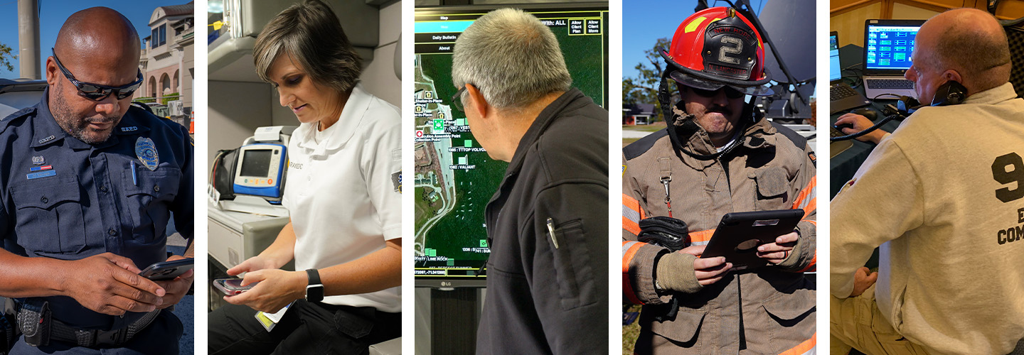 A St. Augustine police officer using a FirstNet-enabled phone outside; a West De Moines paramedic inside an ambulance using a cell phone; an emergency management official in front of a screen showing a map; a firefighter using a tablet outside; a 9-1-1 official on the phone working remotely in front of multiple screens.