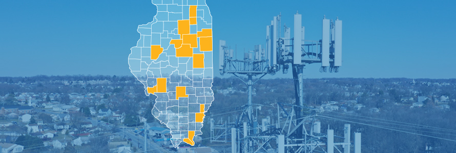 The state of Illinois, with outlined county borders; a cell tower. The state of Illinois, with outlined county borders; a cell tower.