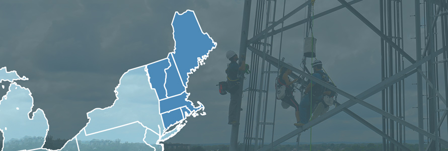 Map of New England with Maine, New Hampshire, Vermont, Massachusetts, Connecticut, and Rhode Island highlighted; workers on a cell tower above the treetops. Map of New England with Maine, New Hampshire, Vermont, Massachusetts, Connecticut, and Rhode Island highlighted; workers on a cell tower above the treetops.
