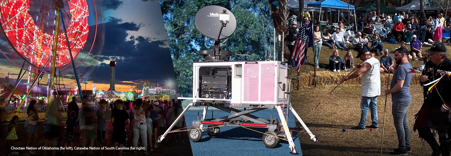 A FirstNet compact rapid deployable in the middle. A line of people standing in front of a lit Ferris wheel at the Choctaw Nation's Labor Day festival on the left, and on the left three men performing a traditional ceremony inside a ring of haybales while a crowd watches during Catawba Nation's Yap Ye Iswa festival.