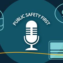 A speech bubble with a tangled line connects to a speech bubble with an organized line. 911 symbols. Public Safety First Podcast logo.