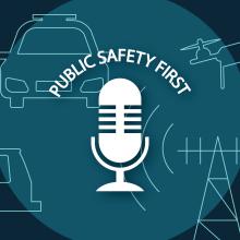 A speech bubble with jumbled shapes connects via a line to a speech bubble where there is an orderly checklist. The line crosses over a police cruiser, a fire services apparatus, a cell tower, and a drone.        