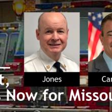  Clayton Fire Department fire service vehicles; Public Safety First podcast icon; “With FirstNet the Future is Now for Missouri Fire Chief”; headshots of Chief John Paul Jones, Chief Richard Carrizzo, and Kyle Richardson 