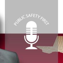 Episode 44: A Texas Land Mobile Radio Network Reaches New Heights With FirstNet Public Safety First podcast logo; photo of Greg Jurrens in front of the Texas state flag with Harris county outlined and in red with a deployable as a locator.