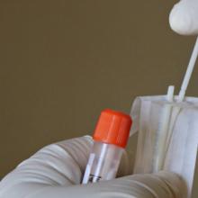 Gloved hands holding cotton swab being placed into a sample vial