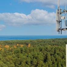 A cell tower overlooks a rural forest and onto a large lake.