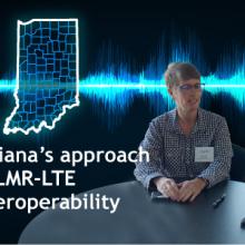 Black background with a voice wavelength pattern in blue crossing it  Outline map of Indiana in blue with counties depicted  Kelly Dignin seated at a table speaking with Lesia Dickson