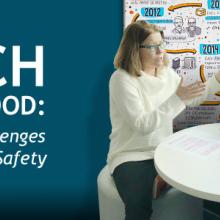 “Tech for Good: Prize Challenges for Public Safety”; Public Safety First podcast icon; man and woman sit and talk at table; infographic drawing shows timeline of events 