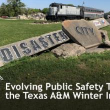 Public Safety First podcast icon; “Evolving Public Safety Tech at the Texas A&M Winter Institute”; Jacque Waring and  Walt Magnussen stand in front of Disaster City at Texas A&M University