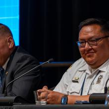 Public Safety First podcast icon; three tribal public safety leaders sit at table with microphones