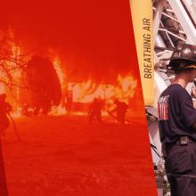  Public Safety First podcast logo; “Public Safety First”; silhouettes of three uniformed firefighters fighting a fire amongst trees; Four firefighters wearing fireman hats and uniforms stand with their back to the camera; “Amherst Fire” visible on the back of their shirts.