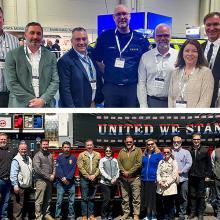 First Responder Network Authority Executive Director and CEO Joe Wassel speaks to staff at meeting; Joe Wassel joins FirstNet Authority staff and NIST Public Safety Communications Research (PSCR) staff at conference; Joe Wassel tests virtual reality technology with PSCR staff at Boulder Lab; Joe Wassel speaks with fire service leaders at event; Joe Wassel stands with FirstNet Authority senior leaders in front of fire truck in Shanksville, Pennsylvania; FirstNet Authority Board Vice Chair Renee Gordon speaks