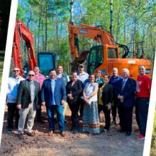 A man standing in front of a compact rapid deployable; a group photo of public safety and FirstNet Authority personnel at the Red Cliffs tower groundbreaking; a crane digging ground