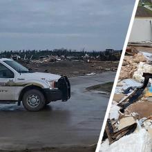 Douglas County Sheriff’s Office truck parked on the road surrounded by tornado debris. A bathtub in the rubble of a home after a tornado