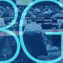 Latest 3GPP standards-development work includes new classes of HPUE, progress on mission-critical services : Conference attendees at the March 2024 3GPP plenary session; an overlay of “3GPP”.