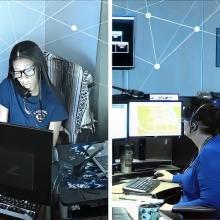 ECCs prepare for the expected — and unexpected — with FirstNet An emergency telecommunicator seated at a desk, working remotely; an emergency telecommunicator on a phone call at her desk, working remotely; an emergency telecommunicator working at her desk at an emergency communications center; a laptop sitting on a desk.