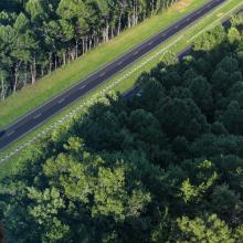 West Virginia Department of Transportation expands communications and safety with FirstNet In the background, a rural road cuts through a dense forest with a cell tower rising above the treetops; on the left, West Virginia Department of Transportation Assistant Secretary Scott Eplin smiles.