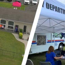 “Assess broadband at an incident with After Action Review”; FirstNet Authority logo; Aerial view of incident exercise; Mobile Command vehicle with first responders “Assess broadband at an incident with After Action Review”; FirstNet Authority logo; Aerial view of incident exercise; Mobile Command vehicle with first responders