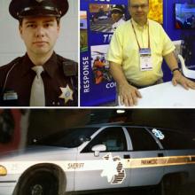 Three imaes:Young Brent Williams in uniform, Brent Williams manning a FirstNet exhibit booth, an Ingham County (MI) Sheriff’s Office paramedics vehicle 
