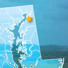 The state of Maryland, with outlined county borders; a cell tower The state of Maryland, with outlined county borders; a cell tower