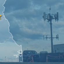 The state of Delaware, with outlined county borders and a star; a cell tower. The state of Delaware, with outlined county borders and a star; a cell tower.