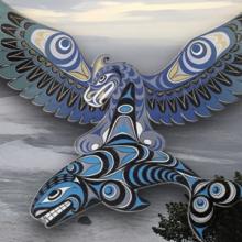 Artwork of Thunderbird and Whale designed for the exercise; coast of the Pacific Ocean in northern California.