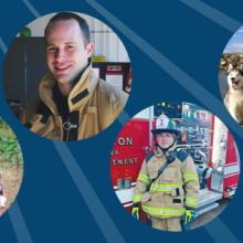 Six photos of first responders: a headshot of a woman, a man running with a dog, a firefighter inside a firehouse, a firefighter in front of a fire truck, a woman kneeling with two dogs, and a man in a police uniform. Six photos of first responders: a headshot of a woman, a man running with a dog, a firefighter inside a firehouse, a firefighter in front of a fire truck, a woman kneeling with two dogs, and a man in a police uniform.