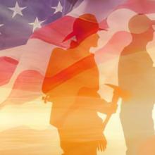 Silhouette of five first responders representing the fire service, emergency management, EMS, 9-1-1, and law enforcement. Background of the American flag.