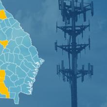 The state of Georgia, with outlined county borders; a cell tower