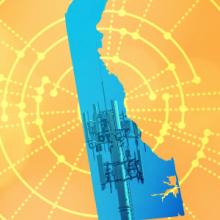The silhouette of the State of Delaware revealing a cell tower inside; radiating connectivity illustration The silhouette of the State of Delaware revealing a cell tower inside; radiating connectivity illustration