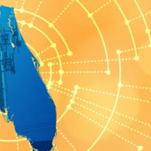 The silhouette of the State of Florida revealing a cell tower inside; radiating connectivity illustration