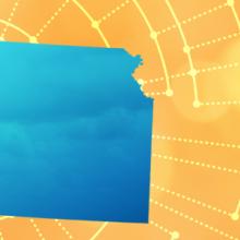 The silhouette of the State of Kansas revealing a cell tower inside; radiating connectivity illustration