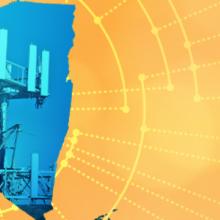 The silhouette of the State of New York revealing a cell tower inside; radiating connectivity illustration The silhouette of the State of New York revealing a cell tower inside; radiating connectivity illustration