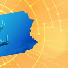 The silhouette of the State of Pennsylvania revealing a cell tower inside; radiating connectivity illustration The silhouette of the State of Pennsylvania revealing a cell tower inside; radiating connectivity illustration