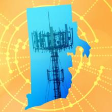 The silhouette of the State of Rhode Island revealing a cell tower inside; radiating connectivity illustration