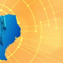 The silhouette of the State of Texas revealing a cell tower inside; radiating connectivity illustration