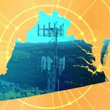 The silhouette of the State of Virginia revealing a cell tower inside; radiating connectivity illustration The silhouette of the State of Virginia revealing a cell tower inside; radiating connectivity illustration