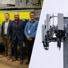 Federal and Washington County, Maryland officials, local public safety personnel, business leaders, and representatives from AT&T standing in front of a yellow fire truck; the top of a FirstNet cell tower; Partial seal of the Long Meadow Volunteer Fire Department 