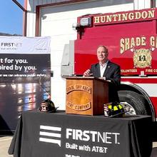 John Joyce talking outside in front of a fire truck during a press event in Huntingdon County, PA. John Joyce talking outside in front of a fire truck during a press event in Huntingdon County, PA.