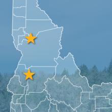 borders with stars locating Kamiah and McCall, Idaho; a cell tower.