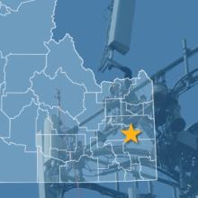 The state of Idaho, with outlined county borders and star locating Ziegler Mountain, Idaho; a cell tower.