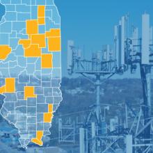 The state of Illinois, with outlined county borders; a cell tower.