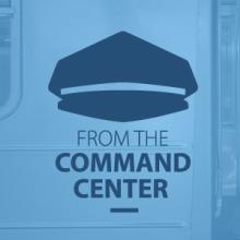 Command Center logo; Captain John Vallarelli headshot; a New York subway train stopped on the platform with open doors Command Center logo; Captain John Vallarelli headshot; a New York subway train stopped on the platform with open doors