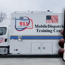Kansas uses cutting-edge technology to enhance 911 services A mobile dispatch vehicle “Kansas 911” “Mobile Dispatch Training”; a hand holding a mobile phone showing a location app; a telecommunicator on the phone at a workstation